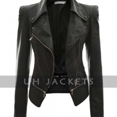 Women Power Shoulder Black Leather Jacket