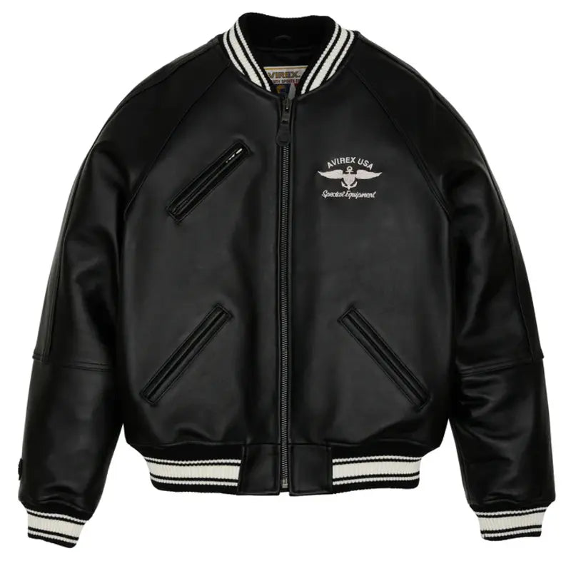 Avirex Matte Black Stadium Leather Jacket