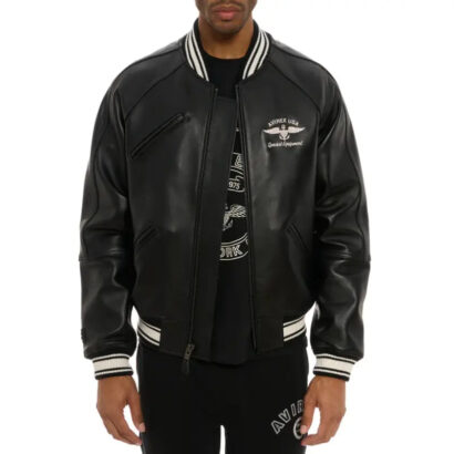 Avirex Matte Black Stadium Leather Jacket