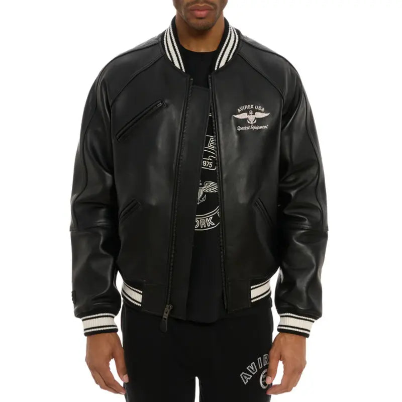 Avirex Matte Black Stadium Leather Jacket