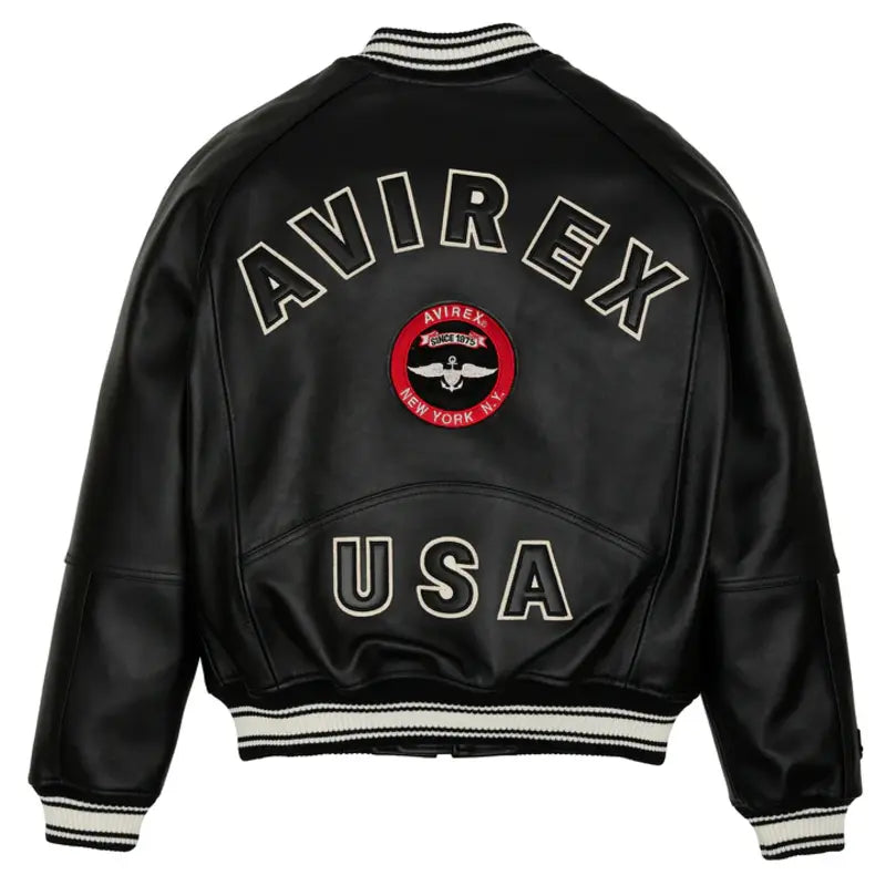 Avirex Matte Black Stadium Leather Jacket