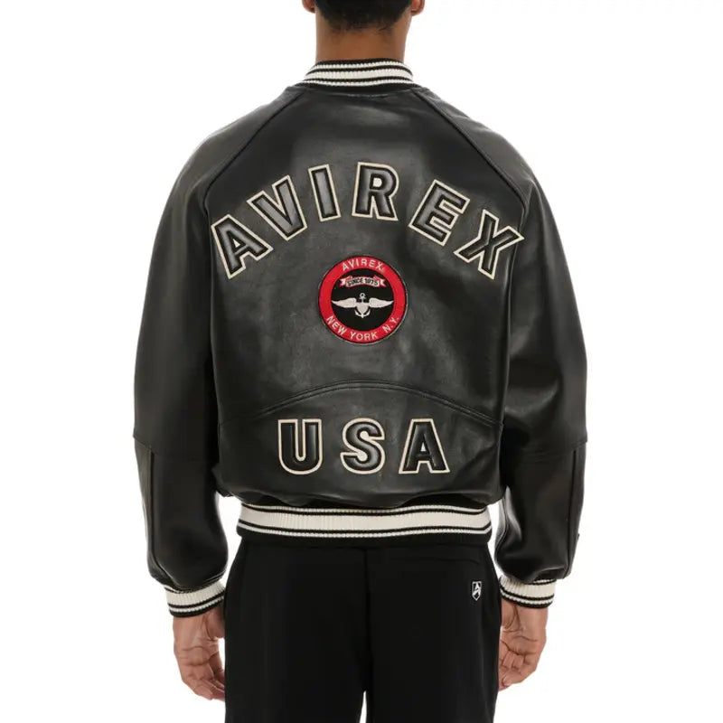 Avirex Matte Black Stadium Leather Jacket