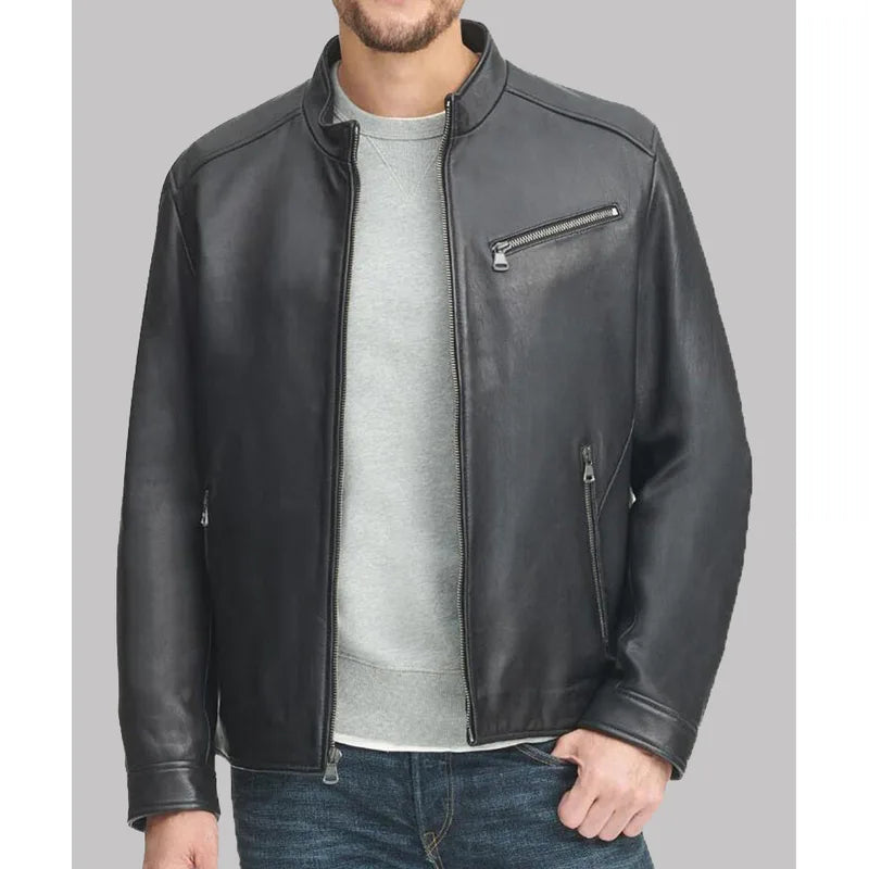 Black Leather Stand-up Collar Mens Jacket