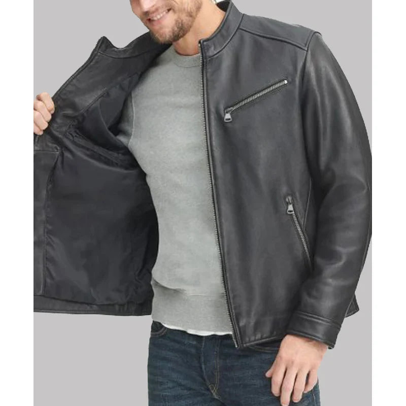 Black Leather Stand-up Collar Mens Jacket