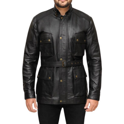 Black Leather Belted Jacket