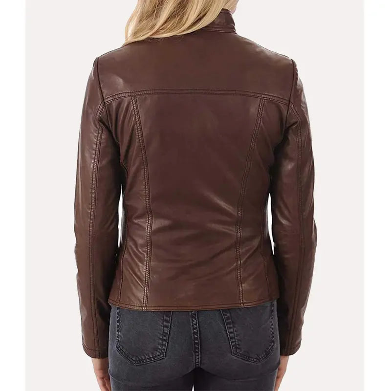 Brown Leather Women Cafe Racer Jacket