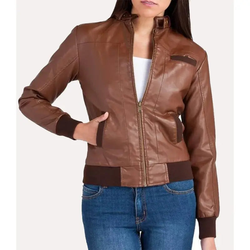 Brown Women Leather Bomber Jacket