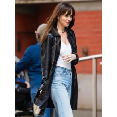 Dakota Johnson Materialists 2024 Black Leather Coat