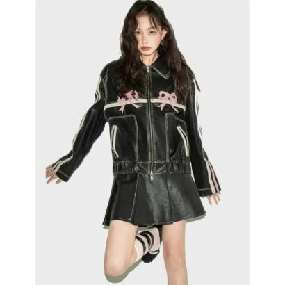 Diddi Moda Ribbon Black Leather Jacket