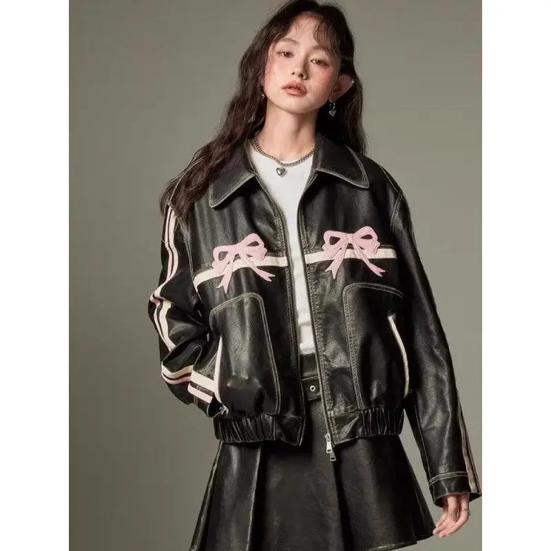 Diddi Moda Ribbon Black Leather Jacket