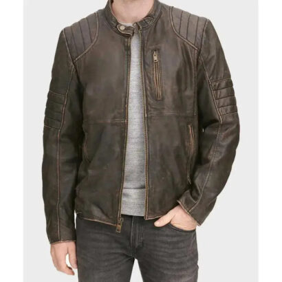 Distressed Cafe Racer Leather Brown Jacket