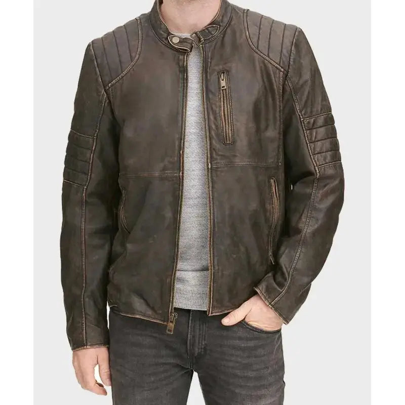 Distressed Cafe Racer Leather Brown Jacket