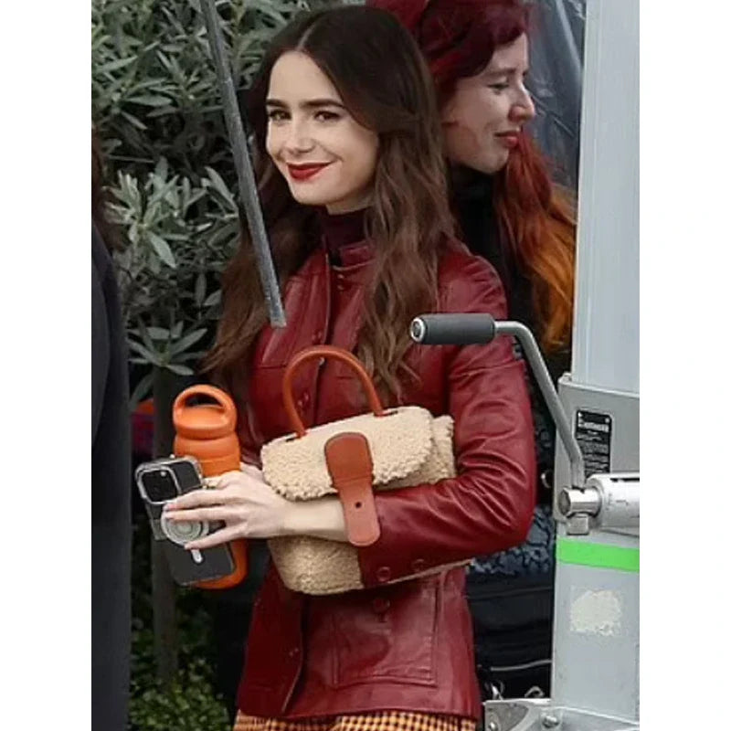 Emily In Paris Tv Series Lily Collins Red Leather Jacket