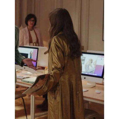 Emily In Paris Lily Collins Golden Leather Trench Coat