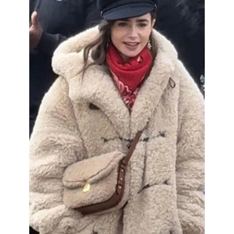 Emily In Paris S04 Lily Collins Hooded Shearling Jacket