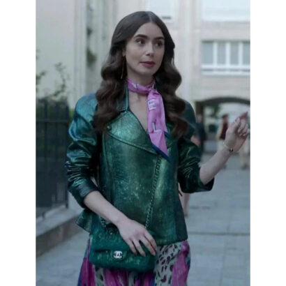 Emily Cooper Emily In Paris Green Leather Biker Jacket