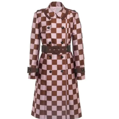 Emily In Paris S04 Lily Collins Pink Brown Checkered Trench Coat