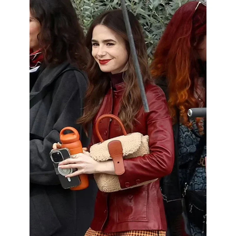 Emily In Paris Tv Series Lily Collins Red Leather Jacket