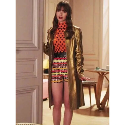 Emily In Paris Lily Collins Golden Leather Trench Coat