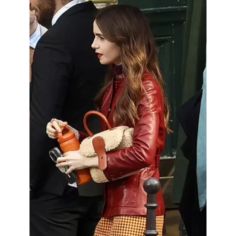 Emily In Paris Tv Series Lily Collins Red Leather Jacket