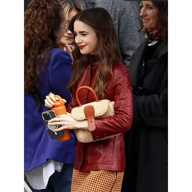 Emily In Paris Tv Series Lily Collins Red Leather Jacket
