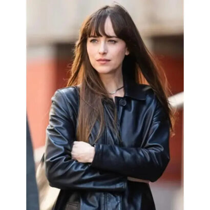 Dakota Johnson Materialists 2024 Black Leather Coat