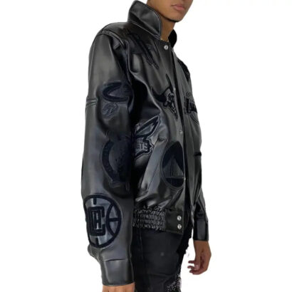 NBA Collage All Black Leather Varsity Jacket