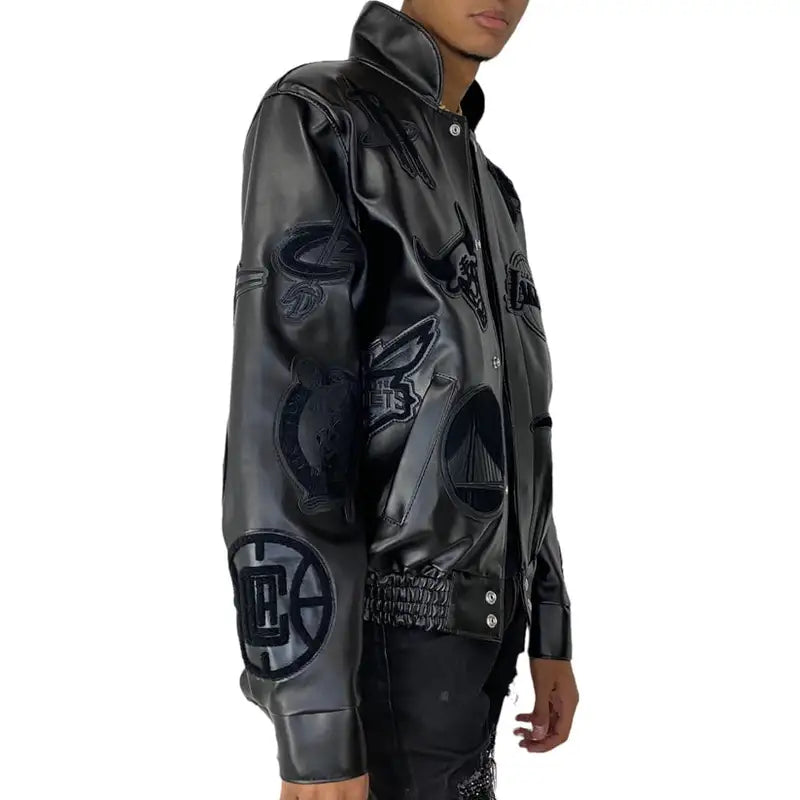 NBA Collage All Black Leather Varsity Jacket