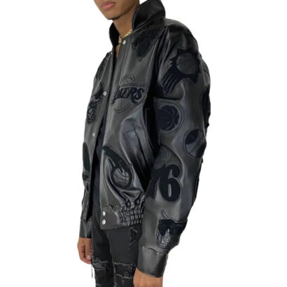 NBA Collage All Black Leather Varsity Jacket