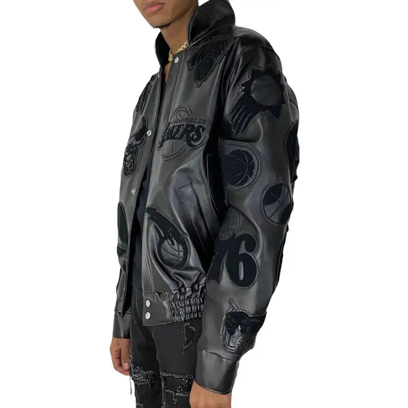NBA Collage All Black Leather Varsity Jacket