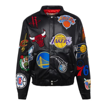 NBA Collage Black Leather Varsity Jacket