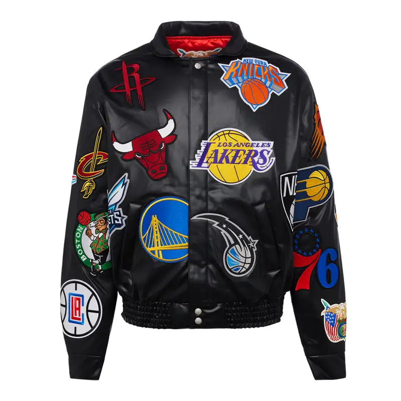 NBA Collage Black Leather Varsity Jacket