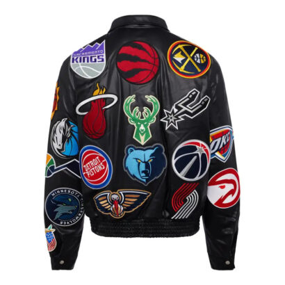 NBA Collage Black Leather Varsity Jacket