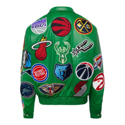 NBA Collage Kelly Green Leather Varsity Jacket