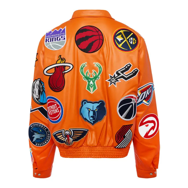NBA Collage Orange Leather Varsity Jacket