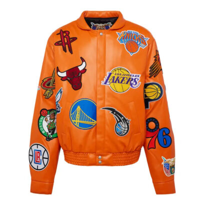 NBA Collage Orange Leather Varsity Jacket