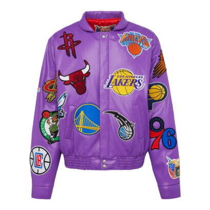 NBA Collage Purple Leather Varsity Jacket