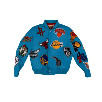 NBA Collage Teal Leather Varsity Jacket