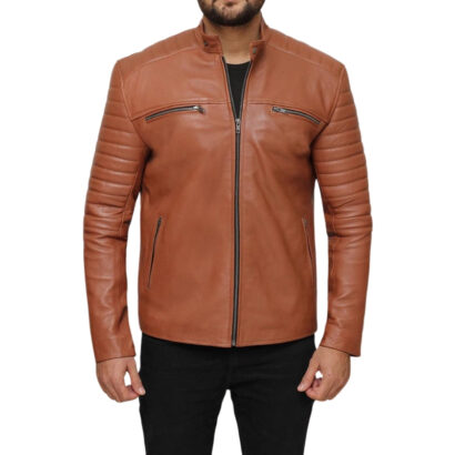 Men's Tan Brown Cafe Racer Leather Jacket
