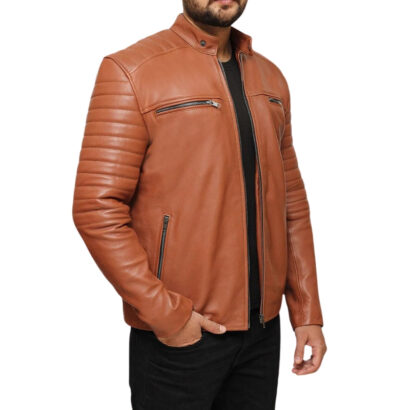 Men's Tan Brown Cafe Racer Leather Jacket