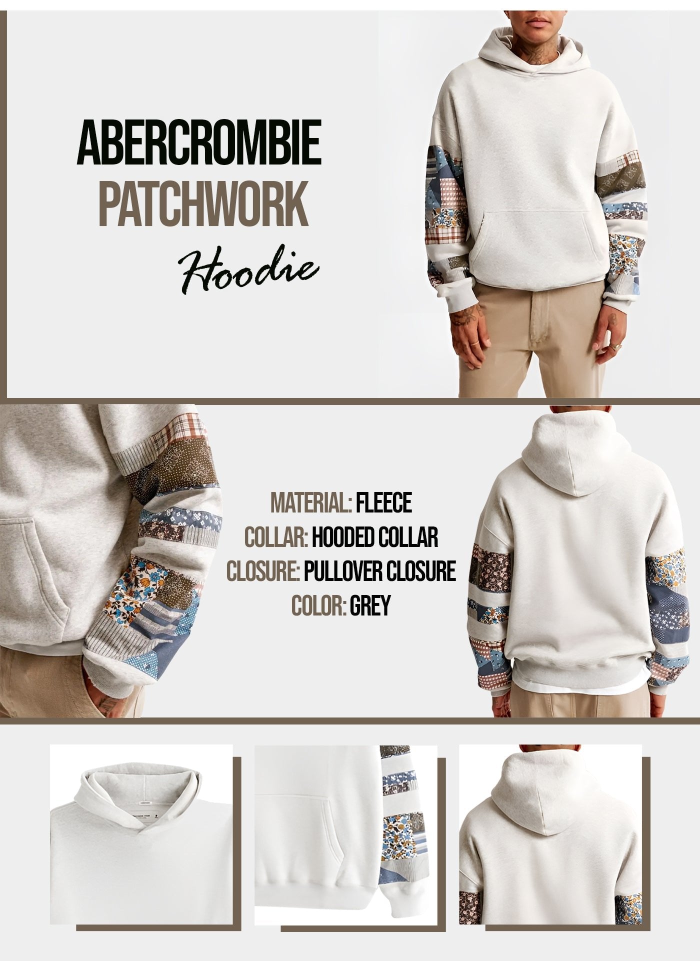 Abercrombie Patchwork Pullover Fleece Hoodie