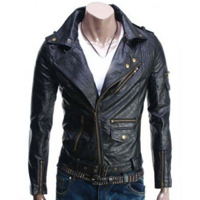 Asymmetric Style Mens Slim Fit Black Leather Biker Jacket