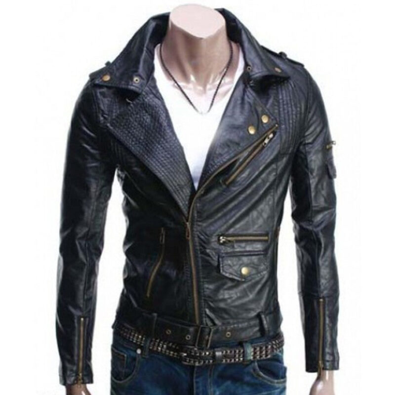 Asymmetric Style Mens Slim Fit Black Leather Biker Jacket