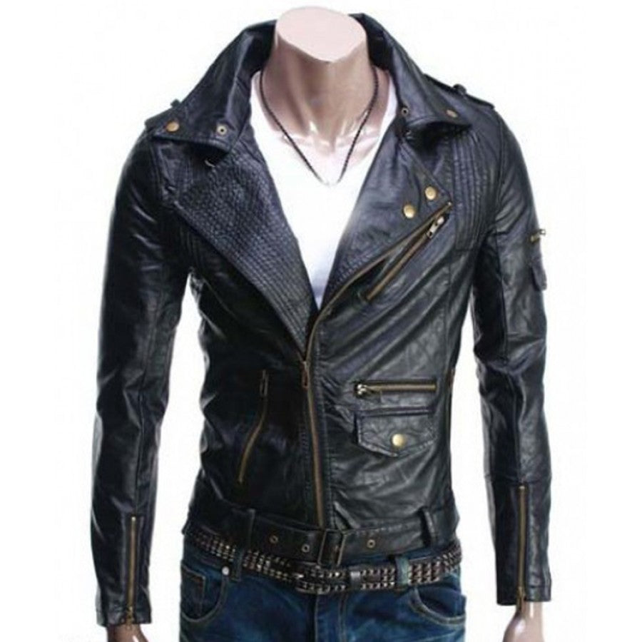 Asymmetric Style Mens Slim Fit Black Leather Biker Jacket