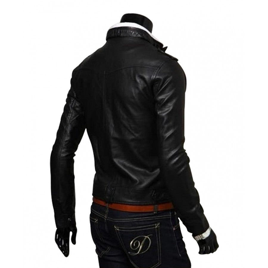 Biker Style Mens Slim Fit Black Leather Jacket
