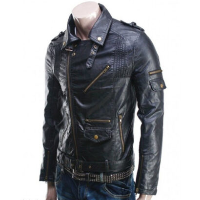 Asymmetric Style Mens Slim Fit Black Leather Biker Jacket