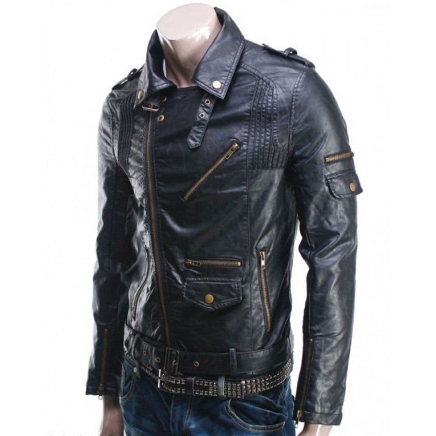 Asymmetric Style Mens Slim Fit Black Leather Biker Jacket