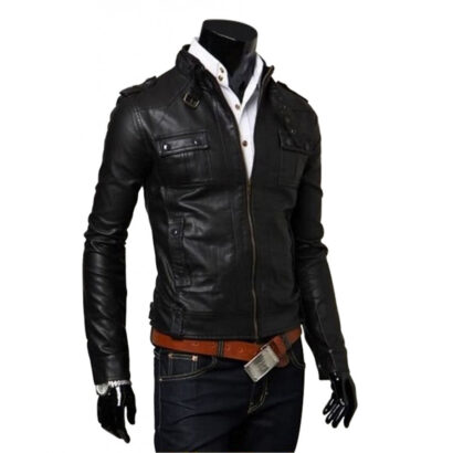 Biker Style Mens Slim Fit Black Leather Jacket