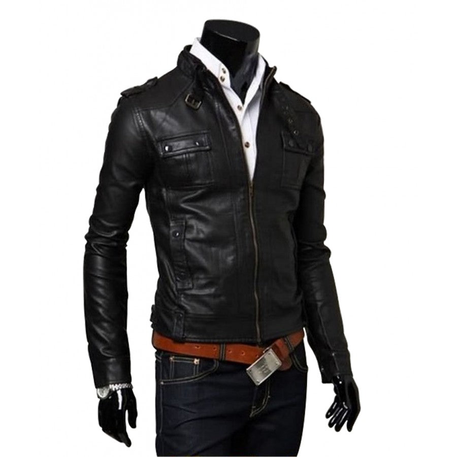 Biker Style Mens Slim Fit Black Leather Jacket
