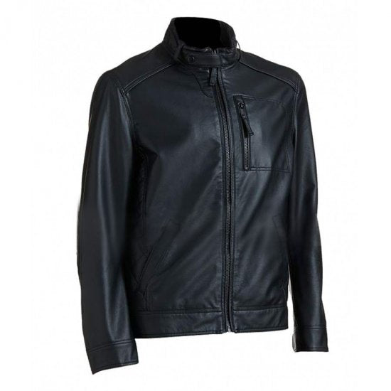 Black Ribbed Classic Look Leather Jacket